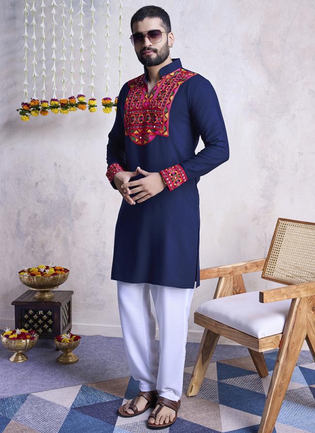 Rayon Navy Blue Navratri Wear Embroidery Work Readymade Kurta